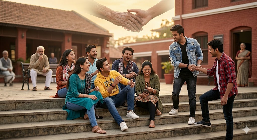 “खुश और आत्मविश्वासी भारतीय युवा दोस्तों का समूह, आधुनिक जीवनशैली और आपसी सहयोग का प्रतीक”