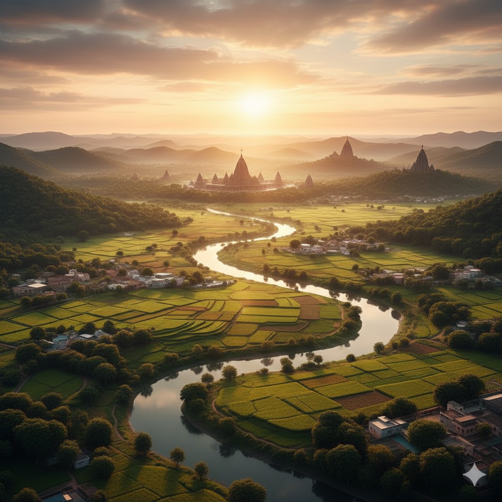 उगते सूर्य के प्रकाश में भारत की धरा, सभ्यता और संस्कृति का प्रतीक दृश्य