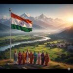 भारत माता का प्रतीकात्मक दृश्य, लहराता तिरंगा, हिमालय, गंगा और विविध धर्मों के लोग एकता के साथ, देशभक्ति हिंदी कविता का भाव।