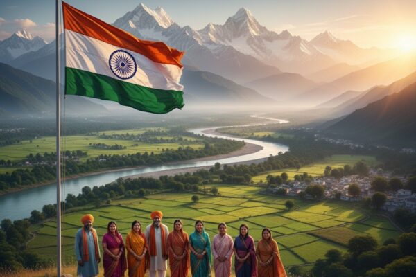 भारत माता का प्रतीकात्मक दृश्य, लहराता तिरंगा, हिमालय, गंगा और विविध धर्मों के लोग एकता के साथ, देशभक्ति हिंदी कविता का भाव।