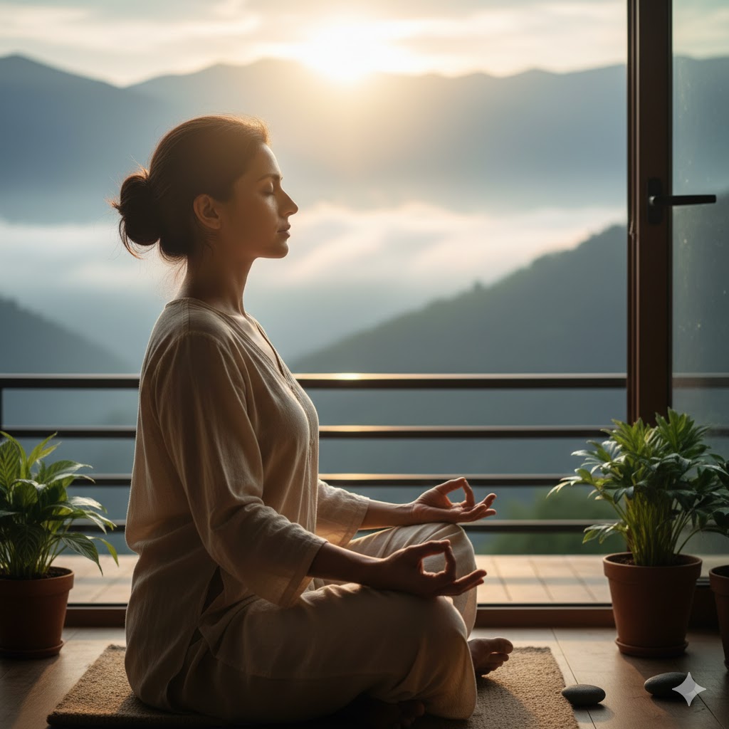 ऊँचाई से बादलों, पहाड़ों और समुद्र को देखते हुए शांत मन का प्रतीक दृश्य, ध्यान और मानसिक शांति को दर्शाता हुआ।