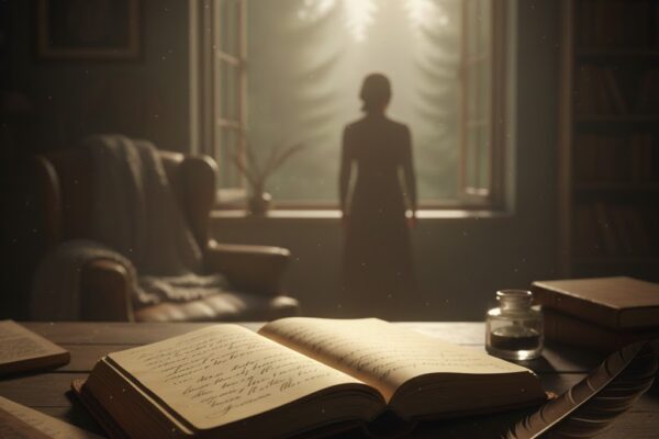 Open diary on a wooden desk with yellowed pages and blurred handwritten words, sunlight falling on it, symbolizing confinement, emotional struggle, and the longing for freedom, with a distant view of open sky and flying birds through the window.