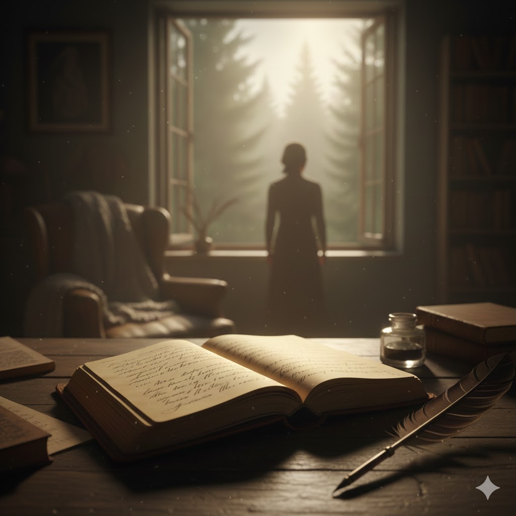 Open diary on a wooden desk with yellowed pages and blurred handwritten words, sunlight falling on it, symbolizing confinement, emotional struggle, and the longing for freedom, with a distant view of open sky and flying birds through the window.