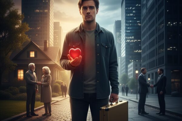 Young adult at a crossroads between family values and worldly diplomacy, symbolizing the moral dilemma between ethics and ambition.