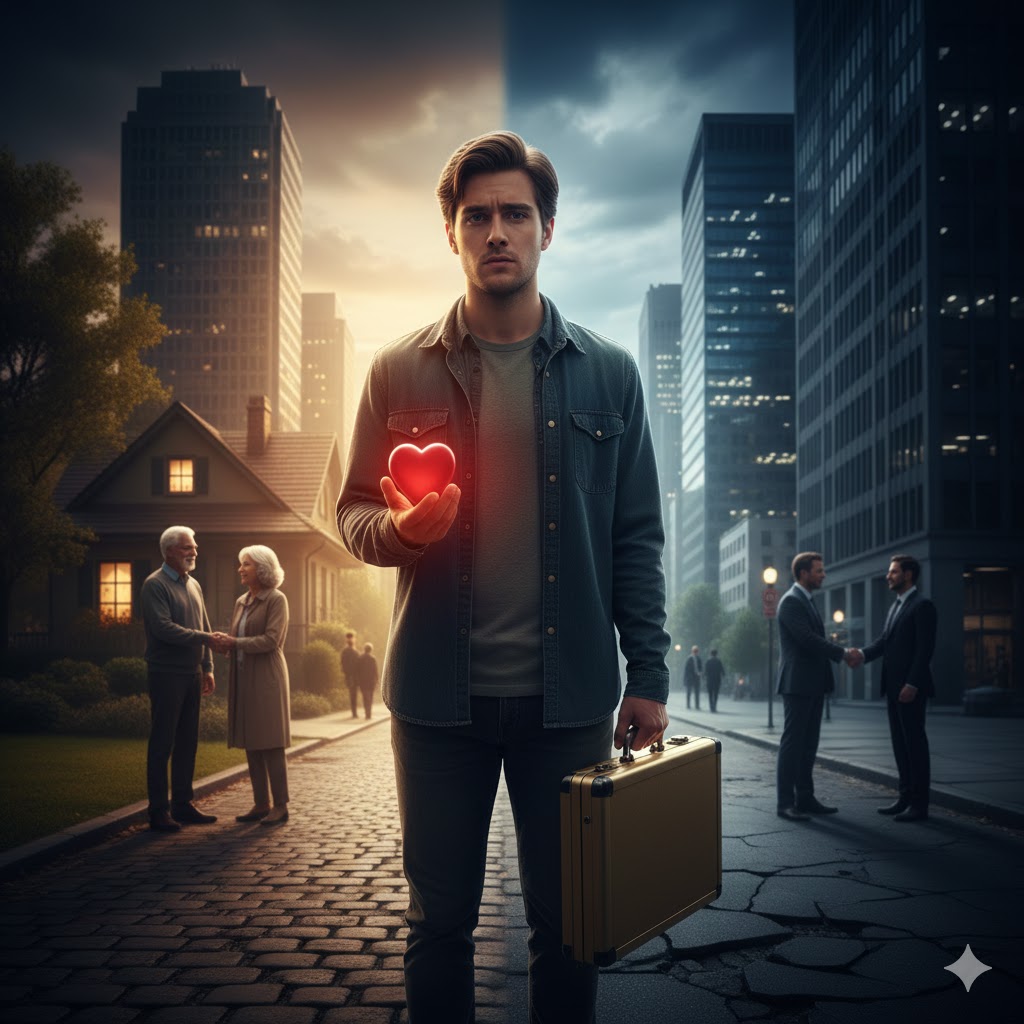 Young adult at a crossroads between family values and worldly diplomacy, symbolizing the moral dilemma between ethics and ambition.