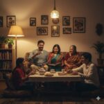 A warm Indian family sitting together inside a cozy home in the evening, soft lighting, calm smiles, and a sense of love, belonging, and emotional comfort reflecting the true meaning of home.