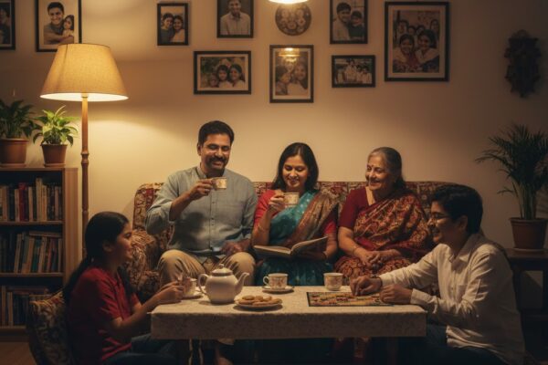 A warm Indian family sitting together inside a cozy home in the evening, soft lighting, calm smiles, and a sense of love, belonging, and emotional comfort reflecting the true meaning of home.