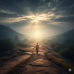 कोहरे भरे रास्ते पर खड़ा व्यक्ति दूर दिखाई देती रोशनी की ओर देखता हुआ, ईश्वर की योजना पर विश्वास और आशा का प्रतीक