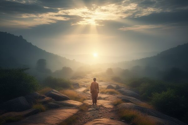 कोहरे भरे रास्ते पर खड़ा व्यक्ति दूर दिखाई देती रोशनी की ओर देखता हुआ, ईश्वर की योजना पर विश्वास और आशा का प्रतीक