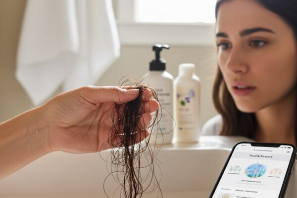 Person noticing hair loss in the shower due to stress-induced Telogen Effluvium, highlighting anxiety and hair health awareness.
