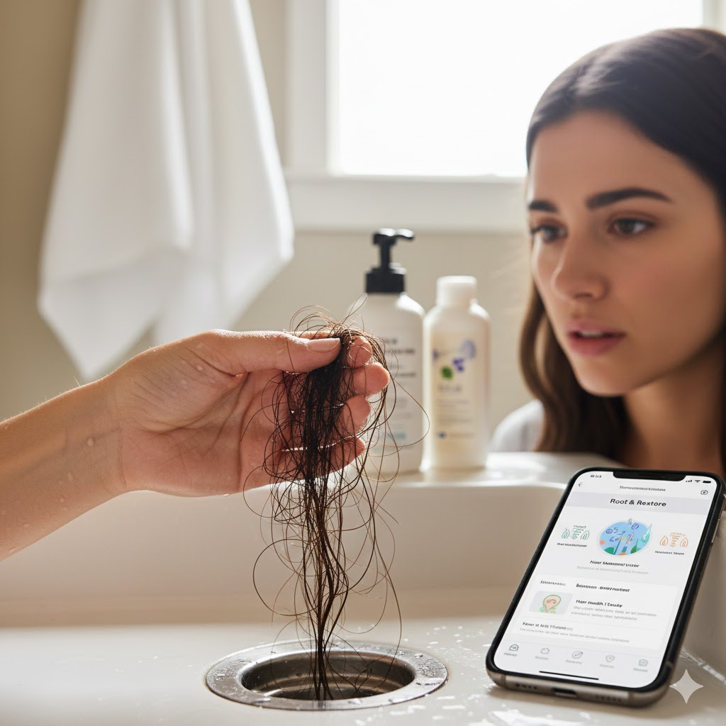 Person noticing hair loss in the shower due to stress-induced Telogen Effluvium, highlighting anxiety and hair health awareness.
