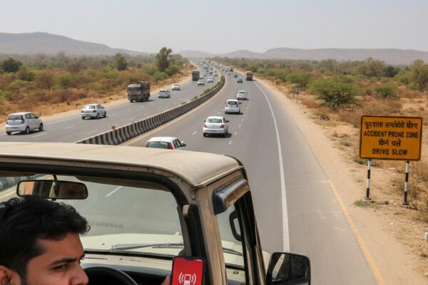 राष्ट्रीय राजमार्ग पर यात्रा करते वाहन, मोबाइल फोन में नेटवर्क न होने का संकेत, हाईवे पर चेतावनी बोर्ड, सड़क सुरक्षा और कनेक्टिविटी समस्या दर्शाता दृश्य