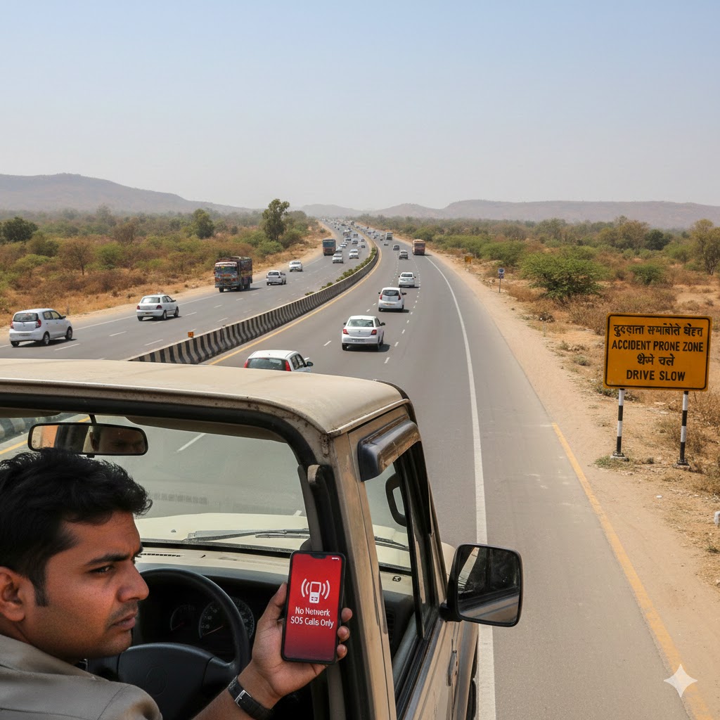 राष्ट्रीय राजमार्ग पर यात्रा करते वाहन, मोबाइल फोन में नेटवर्क न होने का संकेत, हाईवे पर चेतावनी बोर्ड, सड़क सुरक्षा और कनेक्टिविटी समस्या दर्शाता दृश्य