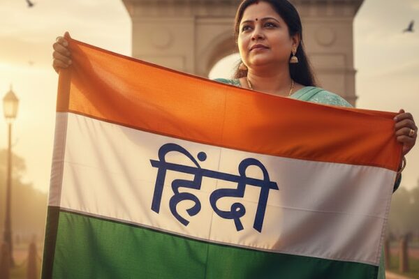 हिंदी भाषा के सम्मान और राष्ट्रभाषा के गौरव को दर्शाता भारतीय दृश्य