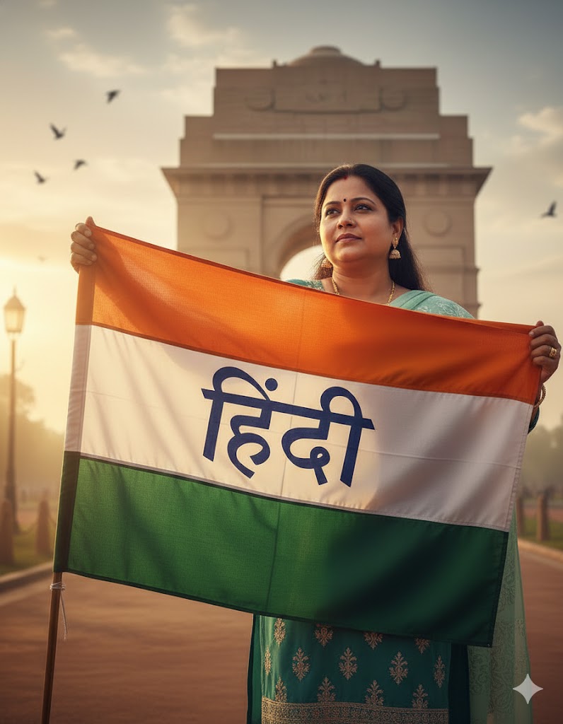 हिंदी भाषा के सम्मान और राष्ट्रभाषा के गौरव को दर्शाता भारतीय दृश्य