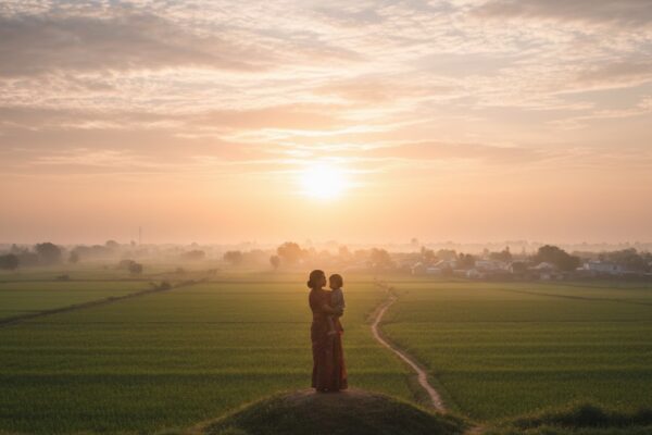 सुबह की सुनहरी रोशनी में खेतों के बीच उगता सूरज और गोद में शिशु लिए माँ की छाया, धैर्य, संयम और आशा का प्रतीक