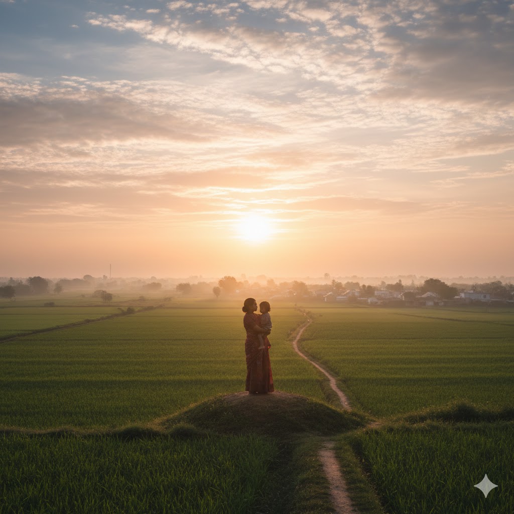 सुबह की सुनहरी रोशनी में खेतों के बीच उगता सूरज और गोद में शिशु लिए माँ की छाया, धैर्य, संयम और आशा का प्रतीक