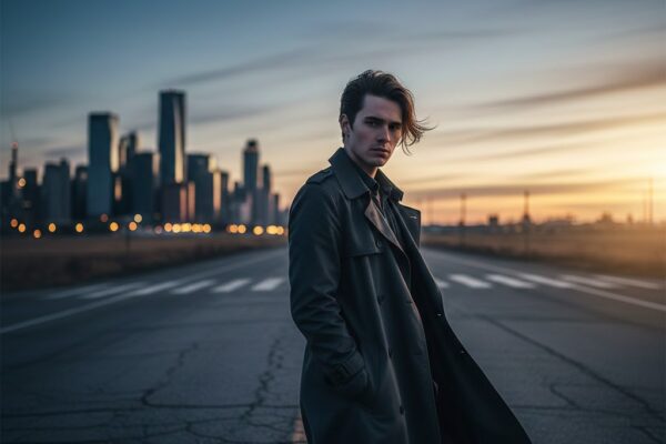 सांझ के समय चौराहे पर खड़ा एक व्यक्ति, जीवन के फैसलों और अस्तित्व पर विचार करता हुआ, भावनात्मक और यथार्थवादी दृश्य