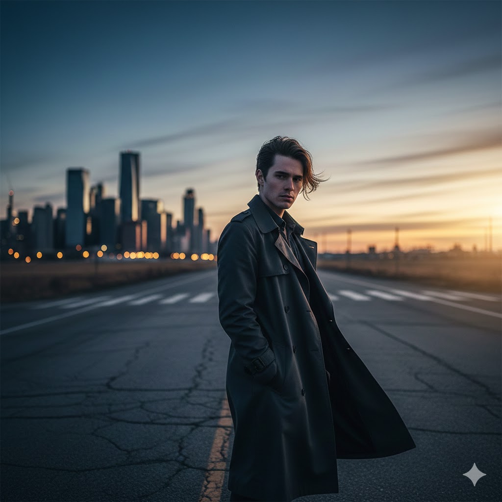 सांझ के समय चौराहे पर खड़ा एक व्यक्ति, जीवन के फैसलों और अस्तित्व पर विचार करता हुआ, भावनात्मक और यथार्थवादी दृश्य