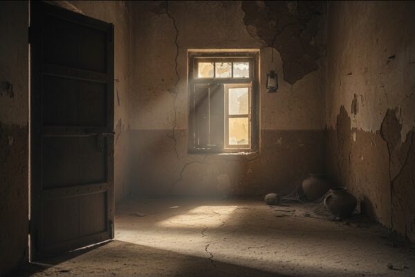 पुराने घर में अकेला खड़ा एक पल्ले वाला दरवाज़ा और दूर स्थित खिड़की, अकेलेपन का प्रतीक दृश्य
