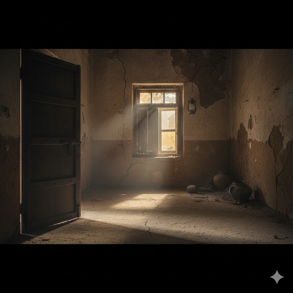 पुराने घर में अकेला खड़ा एक पल्ले वाला दरवाज़ा और दूर स्थित खिड़की, अकेलेपन का प्रतीक दृश्य