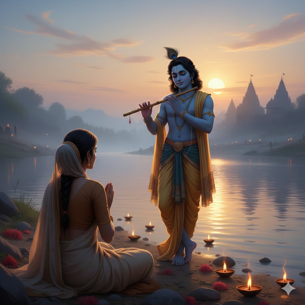 यमुना तट पर खड़े भगवान कृष्ण और उनके सम्मुख नतमस्तक भक्त का भावपूर्ण दृश्य, जो भक्ति और निस्वार्थ प्रेम का प्रतीक है.