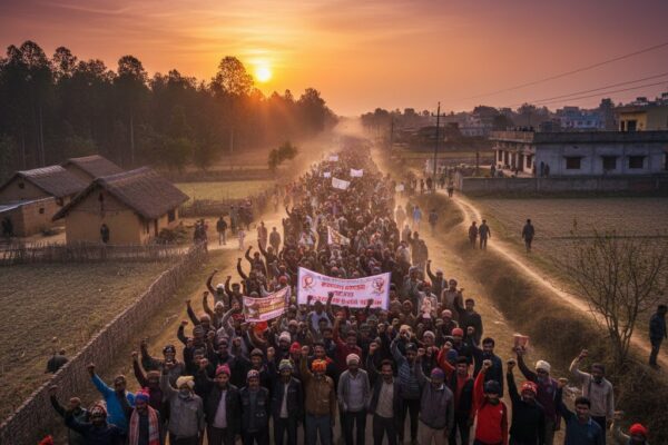 अपने अधिकारों के लिए एकजुट होकर लौटता हुआ जनसमूह, तनी हुई मुट्ठियाँ और संघर्ष का प्रतीकात्मक दृश्य।