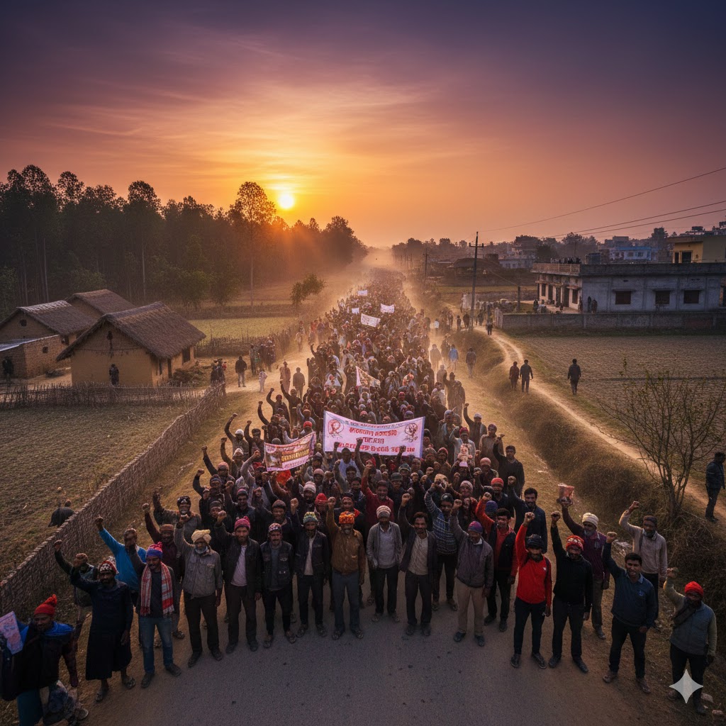 अपने अधिकारों के लिए एकजुट होकर लौटता हुआ जनसमूह, तनी हुई मुट्ठियाँ और संघर्ष का प्रतीकात्मक दृश्य।