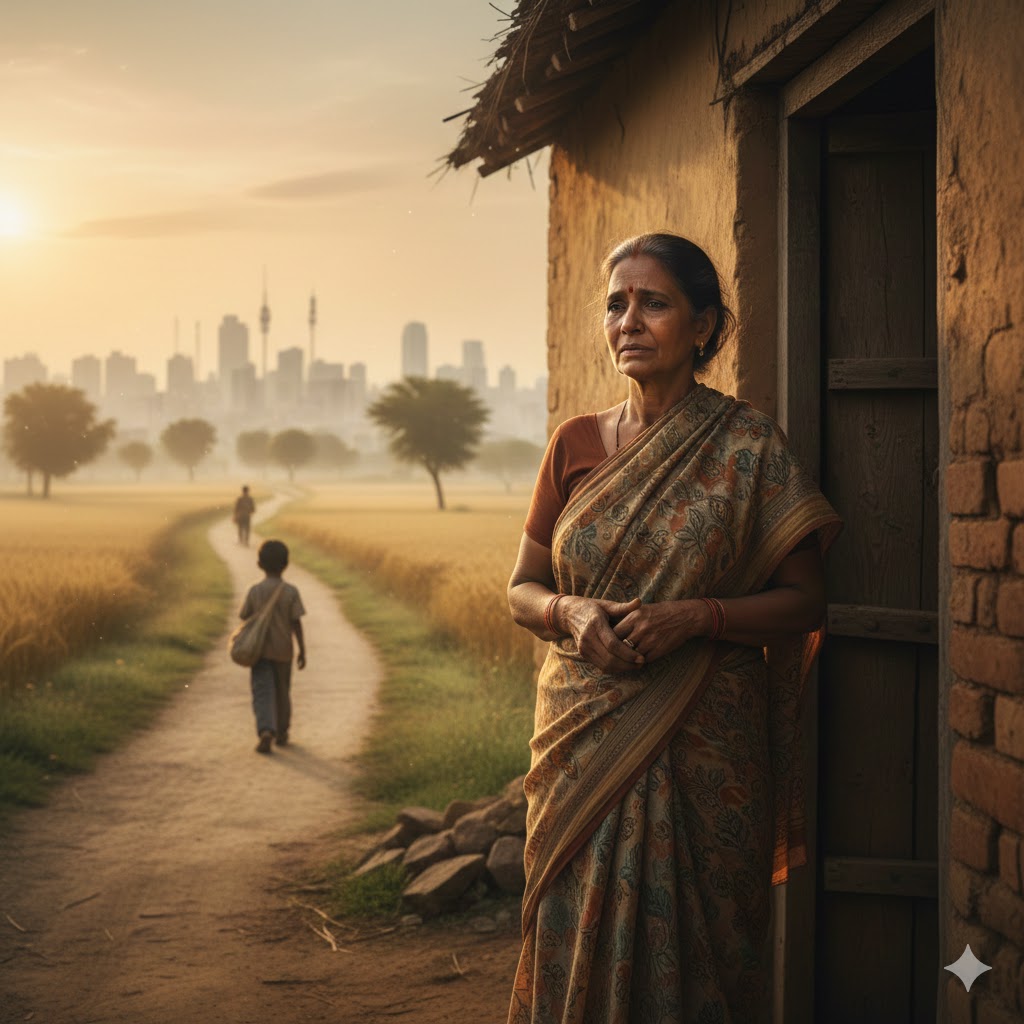 एक भारतीय माँ सुबह के धुंधलके में घर के दरवाज़े पर खड़ी, दूर जाते बेटे को स्नेह और उम्मीद भरी आँखों से देखते हुए.