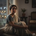 टूटे दिल वाली स्त्री खामोशी से अंधेरे कमरे में बैठी हुई, आंखों में दर्द और विश्वासघात का भाव