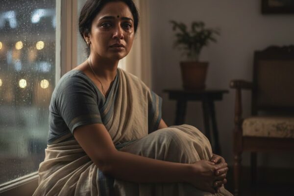 टूटे दिल वाली स्त्री खामोशी से अंधेरे कमरे में बैठी हुई, आंखों में दर्द और विश्वासघात का भाव