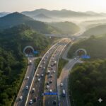 Pune–Mumbai Expressway missing link near Lonavala showing newly constructed roadway passing through Western Ghats with vehicles in motion and green hills around.