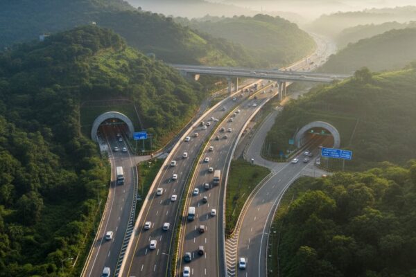 Pune–Mumbai Expressway missing link near Lonavala showing newly constructed roadway passing through Western Ghats with vehicles in motion and green hills around.