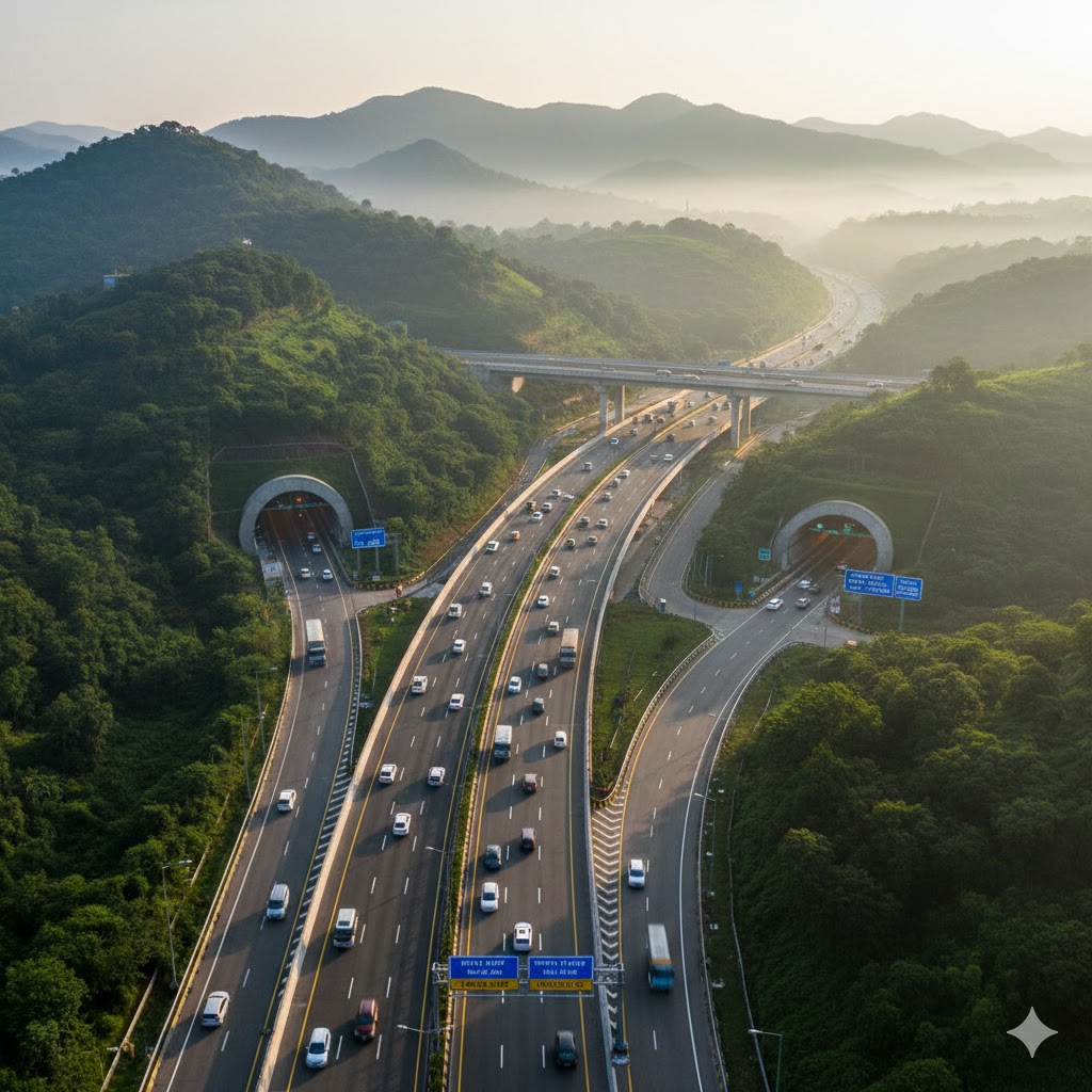 Pune–Mumbai Expressway missing link near Lonavala showing newly constructed roadway passing through Western Ghats with vehicles in motion and green hills around.