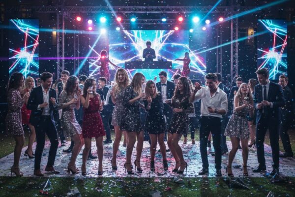 "Young men and women celebrating New Year’s Eve at a hotel lawn in India, dressed in party clothes under colorful lights, with a festive yet chaotic atmosphere reflecting modern urban nightlife."
