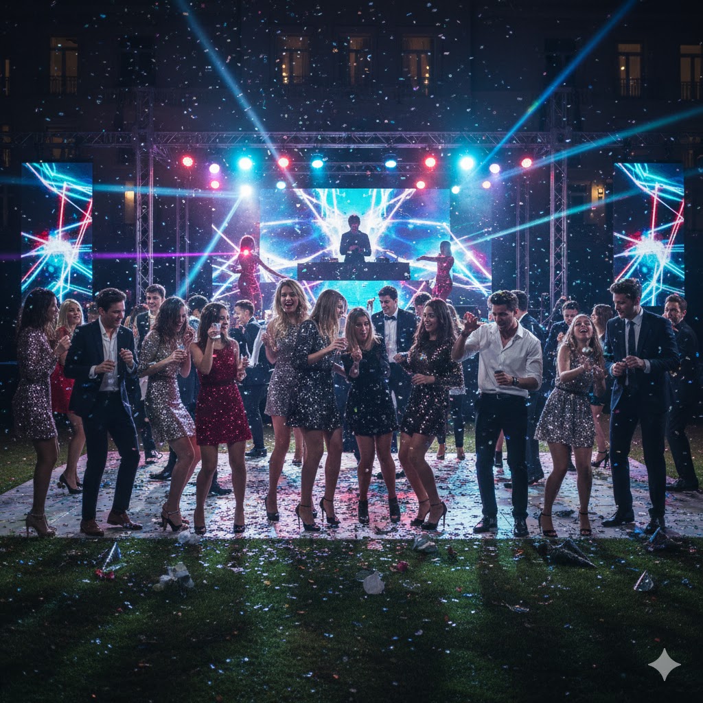 "Young men and women celebrating New Year’s Eve at a hotel lawn in India, dressed in party clothes under colorful lights, with a festive yet chaotic atmosphere reflecting modern urban nightlife."