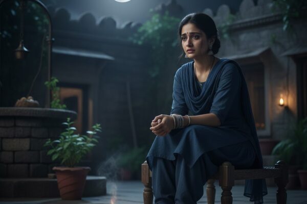 विरह में डूबी युवती, पायल और कंगन पहने, चाँदनी रात में खिड़की के पास बैठी, आँखों से अश्रुधारा बहती हुई, उदासी और प्रतीक्षा का गहरा भाव।