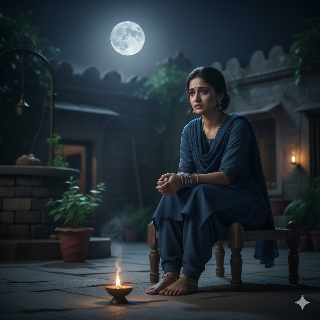 विरह में डूबी युवती, पायल और कंगन पहने, चाँदनी रात में खिड़की के पास बैठी, आँखों से अश्रुधारा बहती हुई, उदासी और प्रतीक्षा का गहरा भाव।