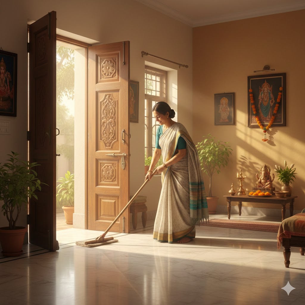वास्तु अनुसार घर में पोछा लगाती महिला