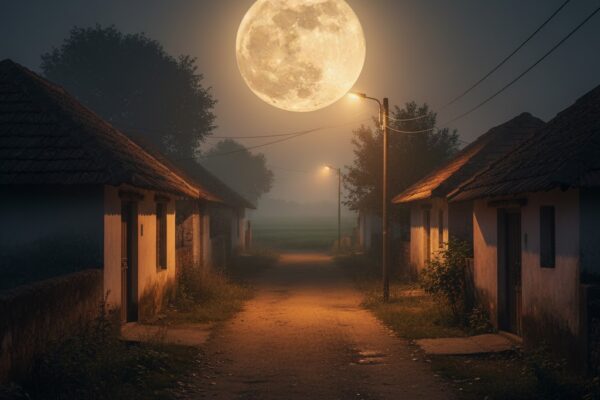 पूर्णिमा की शांत रात में भारतीय शहर की एक संकरी गली, सामने खेतों के ऊपर उगता सुनहरी रोशनी से दमकता चाँद, धुंध में नहाया स्ट्रीट लाइट और हल्की एम्बर रोशनी में चमकते घर; माहौल में सादगी, स्मृति और अपनापन झलकता है।