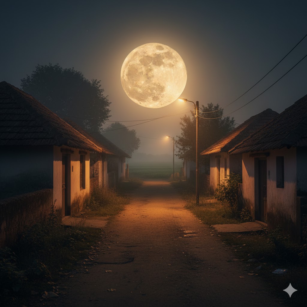 पूर्णिमा की शांत रात में भारतीय शहर की एक संकरी गली, सामने खेतों के ऊपर उगता सुनहरी रोशनी से दमकता चाँद, धुंध में नहाया स्ट्रीट लाइट और हल्की एम्बर रोशनी में चमकते घर; माहौल में सादगी, स्मृति और अपनापन झलकता है।
