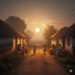 पुराने समय की भारतीय गली का दृश्य जहाँ पड़ोसी आपस में बात करते और बच्चे निःसंकोच खेलते दिखते हैं; माहौल में सादगी, अपनापन और बीते दिनों की गर्माहट झलकती है।