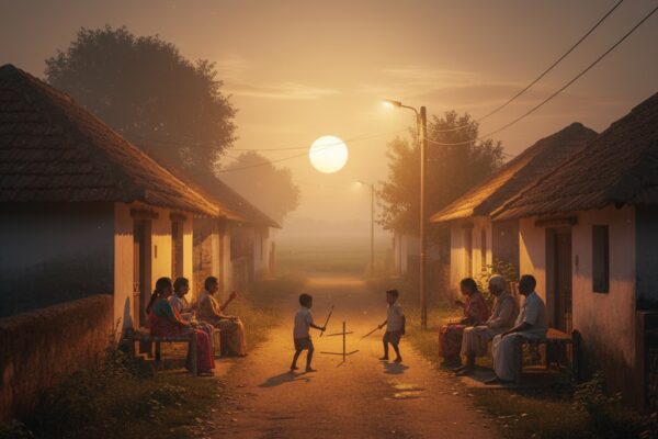 पुराने समय की भारतीय गली का दृश्य जहाँ पड़ोसी आपस में बात करते और बच्चे निःसंकोच खेलते दिखते हैं; माहौल में सादगी, अपनापन और बीते दिनों की गर्माहट झलकती है।