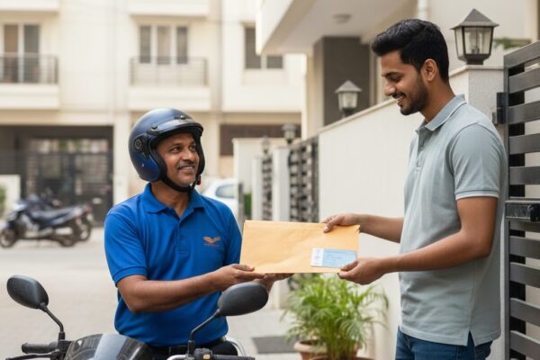 डाकिया मोटरसाइकिल पर सवार होकर एक घर के बाहर ड्राइविंग लाइसेंस और आरसी बुक का लिफाफा सौंपता हुआ, यह दृश्य सरकारी दस्तावेजों की होम डिलिवरी सेवा को दर्शाता है।