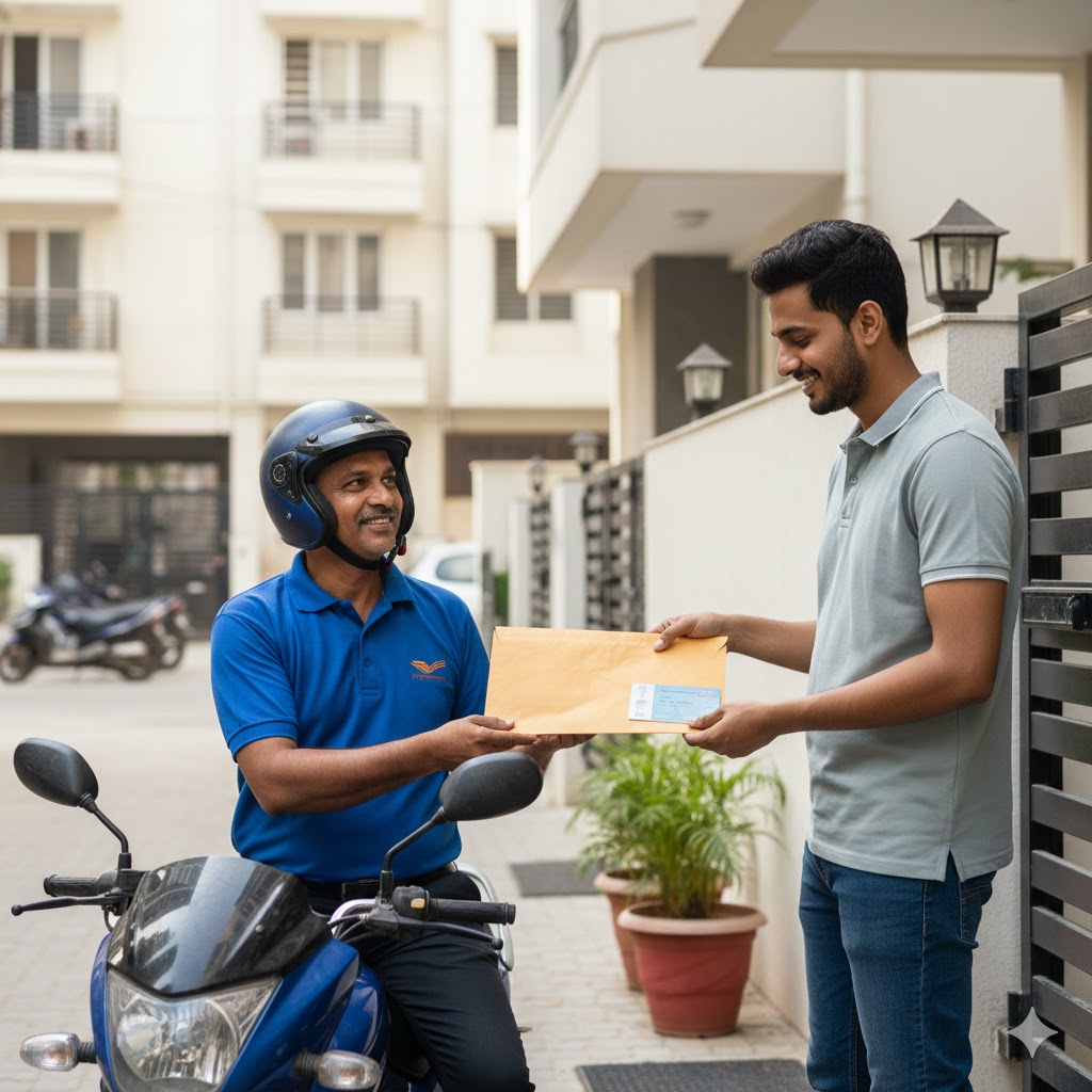 डाकिया मोटरसाइकिल पर सवार होकर एक घर के बाहर ड्राइविंग लाइसेंस और आरसी बुक का लिफाफा सौंपता हुआ, यह दृश्य सरकारी दस्तावेजों की होम डिलिवरी सेवा को दर्शाता है।