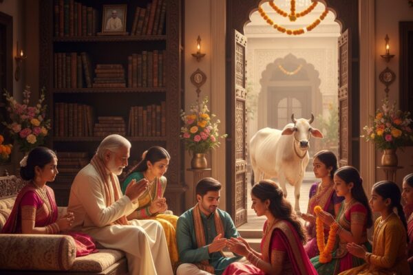 Traditional Indian family scene showing elders blessing children, a cow in the courtyard, books and scriptures on wooden shelves, colorful decorations, and family members in traditional attire performing cultural rituals, representing the richness of Indian culture and heritage.