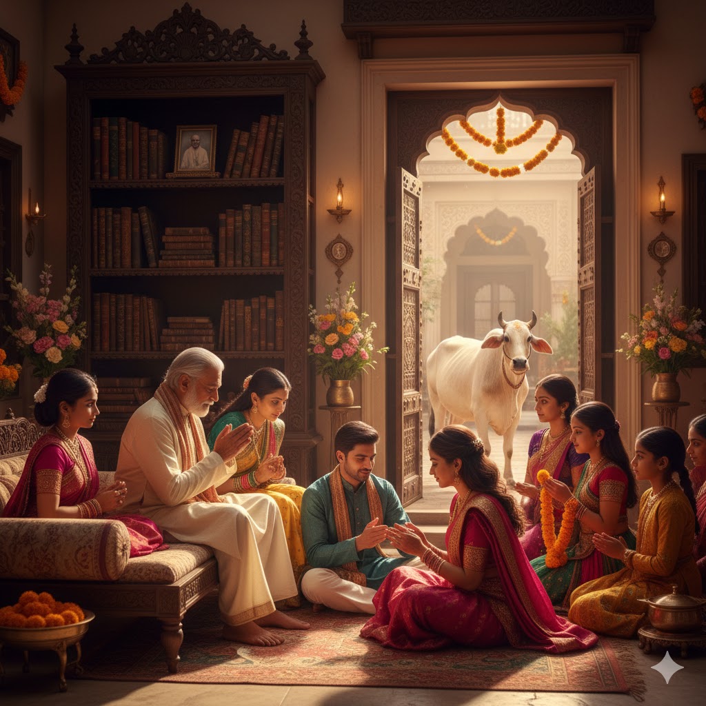 Traditional Indian family scene showing elders blessing children, a cow in the courtyard, books and scriptures on wooden shelves, colorful decorations, and family members in traditional attire performing cultural rituals, representing the richness of Indian culture and heritage.