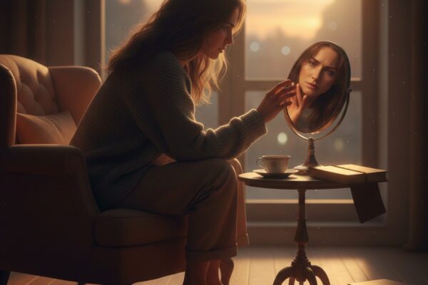 कमरे में अकेली व्यक्ति खिड़की के पास बैठा, धुंधली रोशनी में खुद को देखता हुआ, मन में उदासी और अकेलेपन का भाव। कमरे में शांत वातावरण, हल्की धुंध और बांसुरी की कल्पित धुन महसूस होती है।