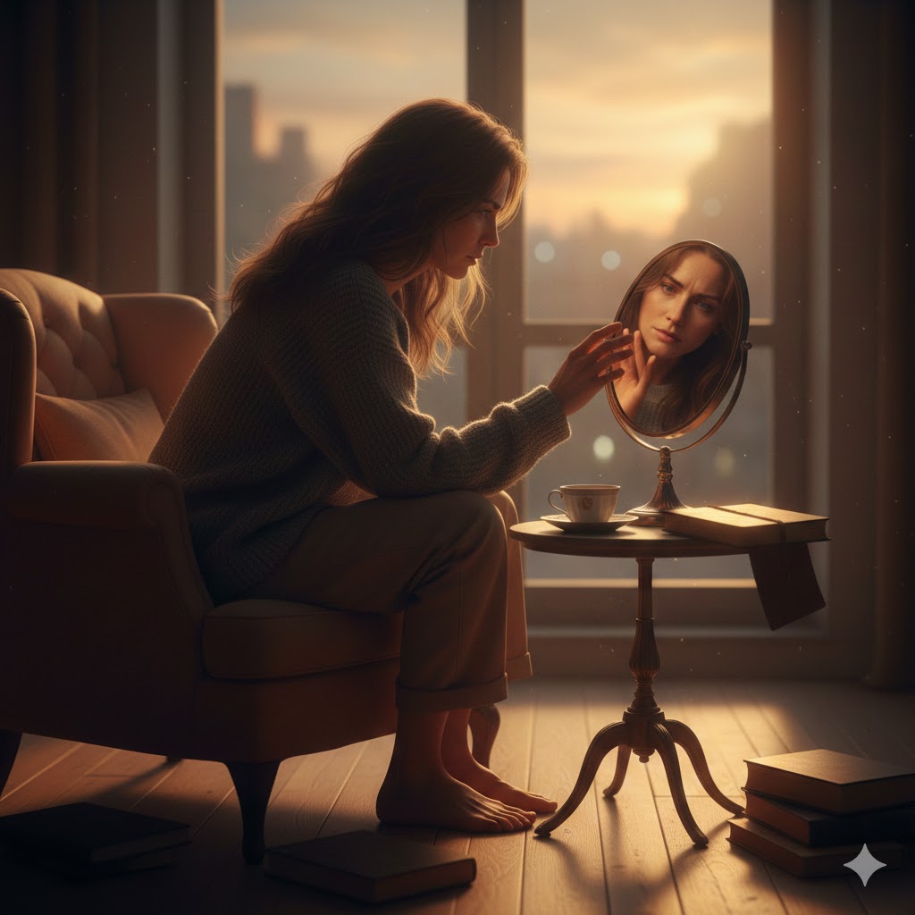 कमरे में अकेली व्यक्ति खिड़की के पास बैठा, धुंधली रोशनी में खुद को देखता हुआ, मन में उदासी और अकेलेपन का भाव। कमरे में शांत वातावरण, हल्की धुंध और बांसुरी की कल्पित धुन महसूस होती है।