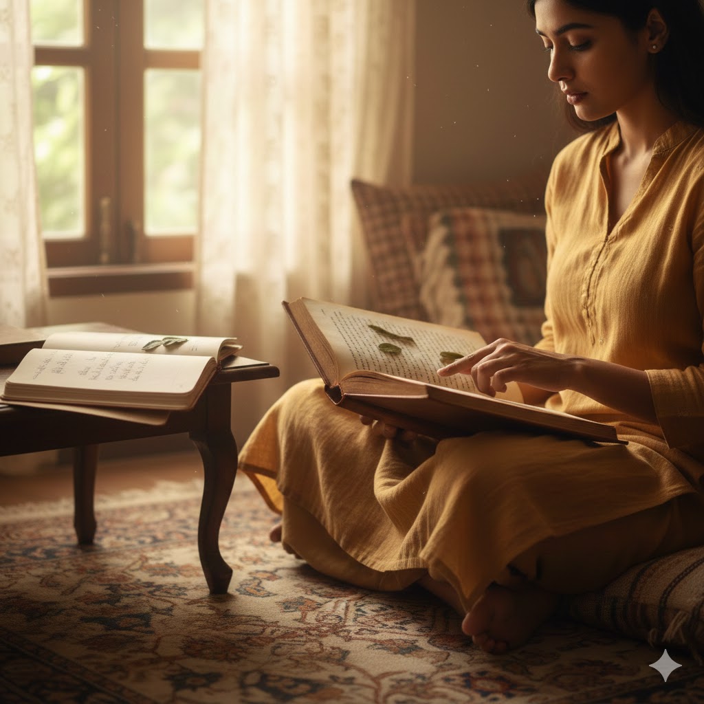 कविता और किताब को प्रेम के प्रतीक के रूप में दर्शाता भावनात्मक दृश्य, जिसमें शब्दों के माध्यम से स्नेह और आत्मीयता का एहसास झलकता है